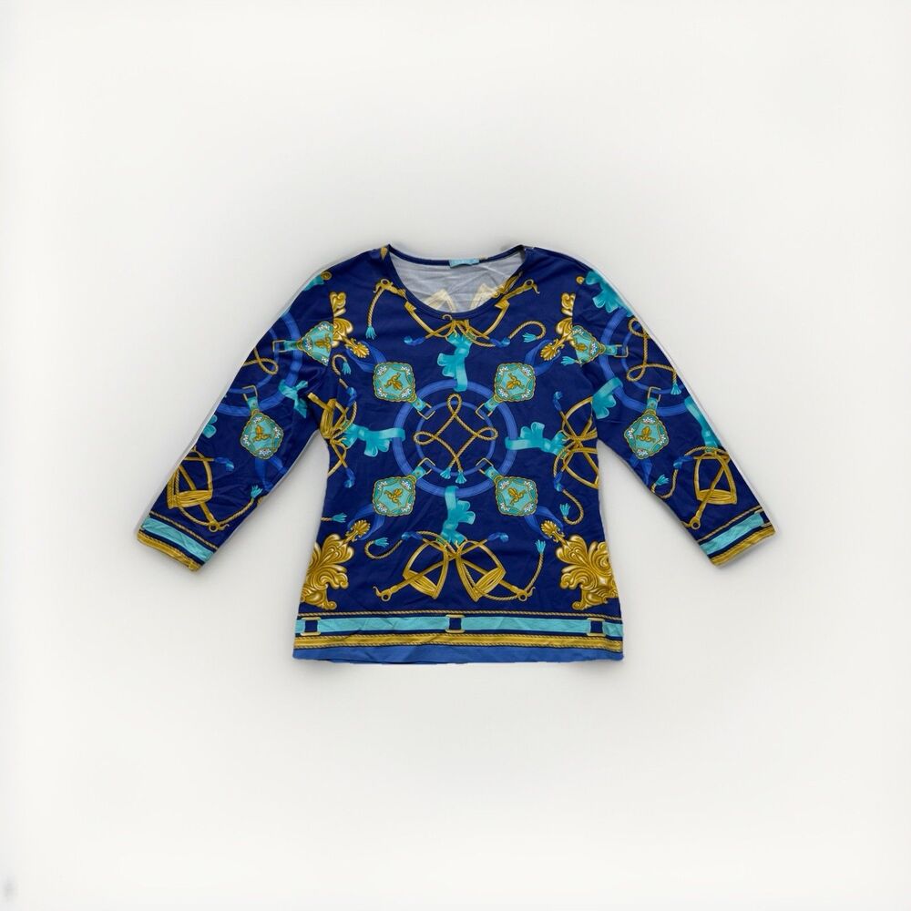 J. McLaughlin Women’s Catalina Cloth Top Equestrian Size Medium 3/4 Sleeves Blue